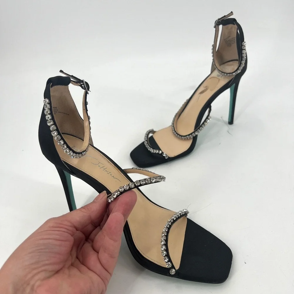 Blue Betsey Johnson Elisa Evening Sandals Black Rhinestone Sparkle Bling Wedding - Picture 3 of 9
